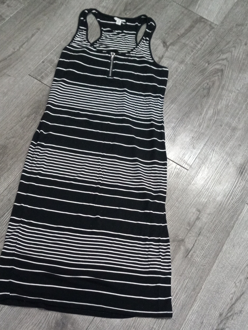 Guess Black and White Striped Racerback Midi Dress with Front Zip